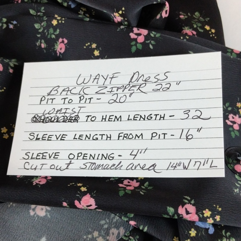 Wayf Tie Front Cutout Dress Black Blue Rose Small Print Floral. Large. Satiny - Picture 16 of 16